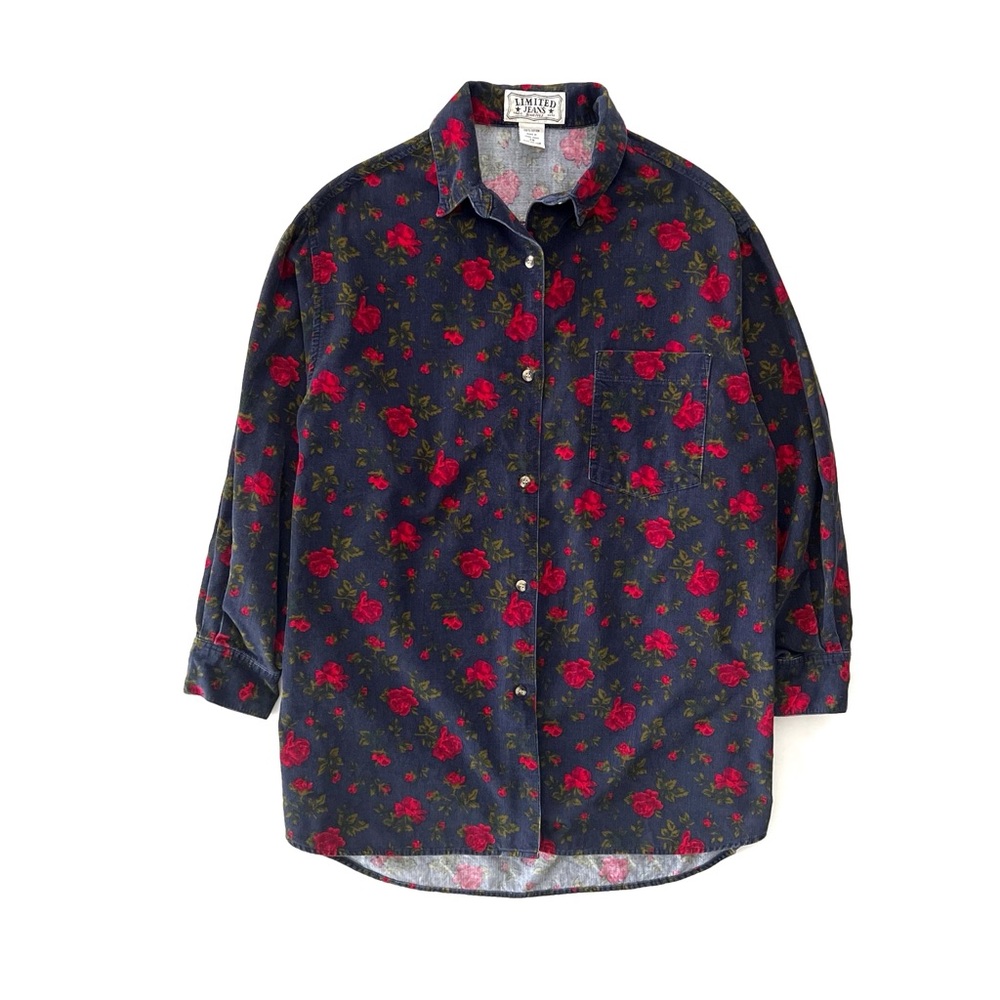 Vintage Limited Jeans Corduroy Rose Print Button Down Shirt Oversized